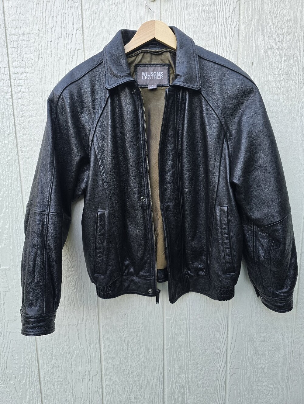 Wilsons Leather Men's Small Black Genuine Leather Bomber Jacket Zip Classic 90s